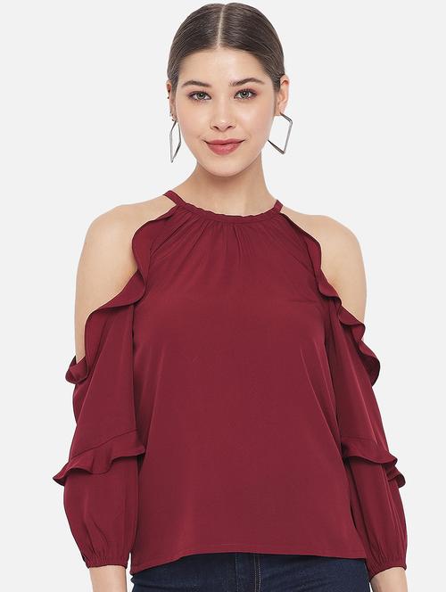 women maroon solid cold shoulder top - 21700098 - Very Small Image - 1