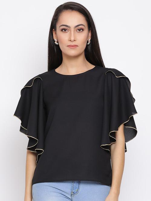 women black solid ruffle sleeve top - 21700101 - Very Small Image - 1