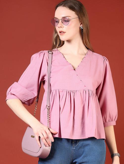 women lavender solid puff sleeve peplum top - 21700306 - Very Small Image - 1