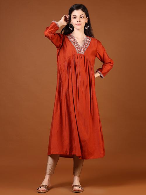 women rust  three quarter sleeve a-line kurta - 21700314 - Very Small Image - 1