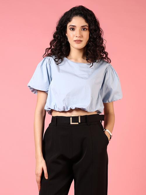 women light blue solid puff sleeve crop top - 21700356 - Very Small Image - 1