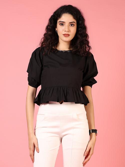 women black solid puff sleeve crop top - 21700785 - Very Small Image - 1