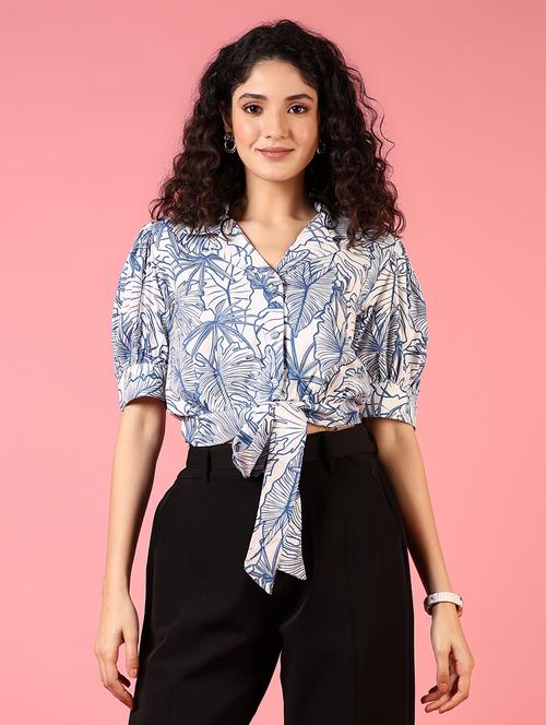 women blue puff sleeve printed crop top - 21700786 - Very Small Image - 1