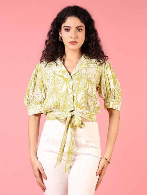 women green puff sleeve printed crop top - 21700807 - Very Small Image - 1