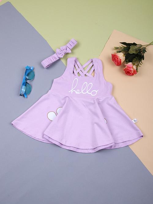 girls lavender typographic print frock with hairband - 21701041 - Very Small Image - 1