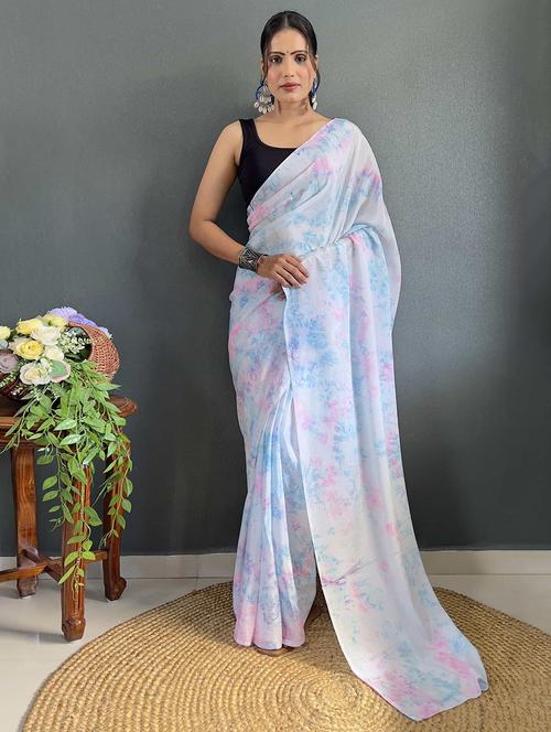 women blue printed saree with blouse - 21703273 - Very Small Image - 1