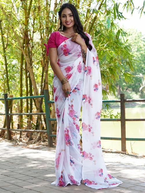 women white floral printed saree with blouse - 21703391 - Very Small Image - 1
