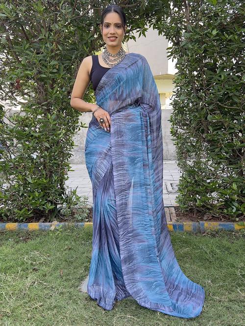 women blue printed saree with blouse - 21703392 - Very Small Image - 1