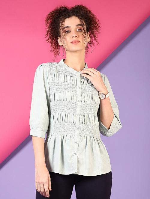 women solid smocked detailed a-line top - 21704145 - Very Small Image - 1