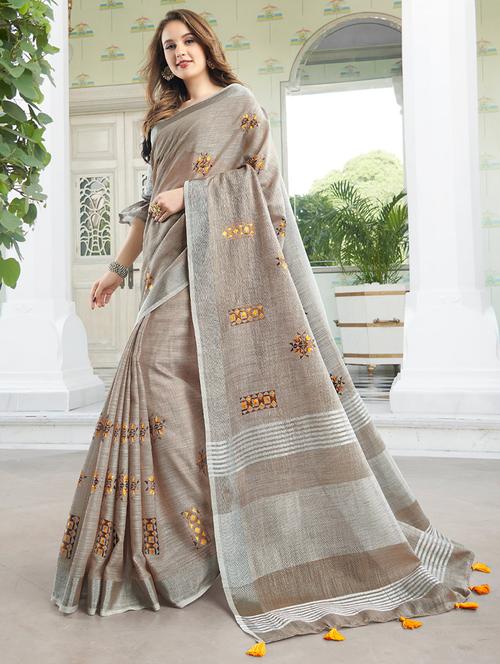 women beige embroidered saree with blouse - 21705322 - Very Small Image - 1