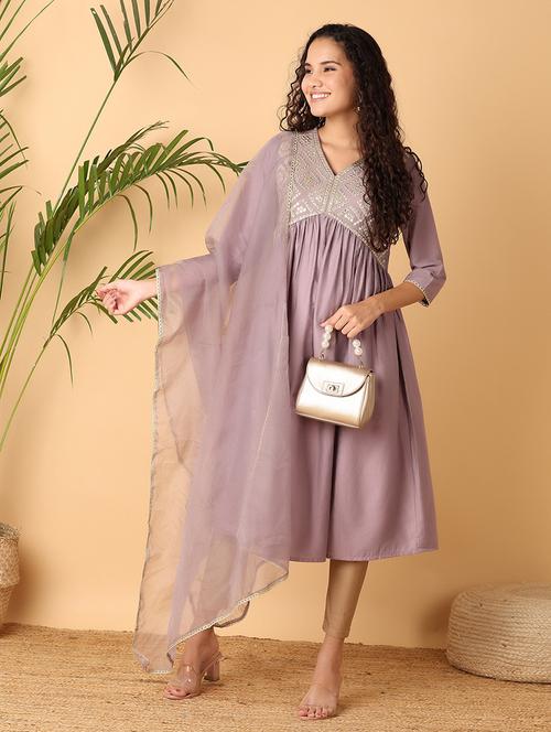 women mirror work v neck a-line kurta - 21705599 - Very Small Image - 1