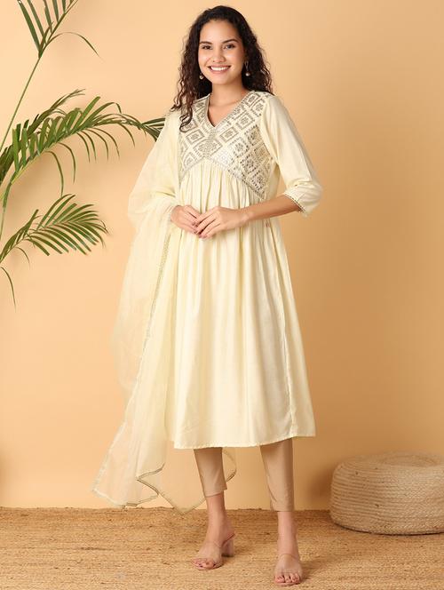 women mirror work v neck a-line kurta - 21705600 - Very Small Image - 1