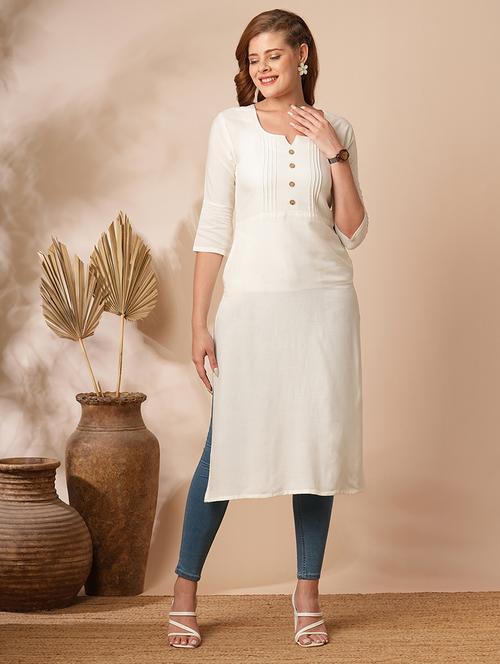 women solid three quarter sleeve straight kurta - 21707200 - Very Small Image - 1