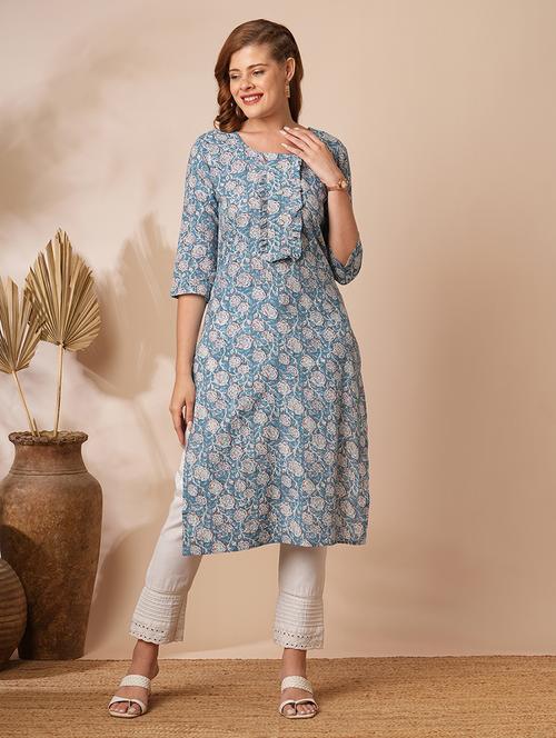 women floral three quarter sleeve straight kurta - 21707201 - Very Small Image - 1