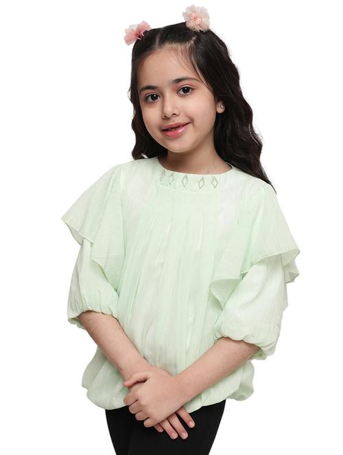 girls green self design round neck top - 21707999 - Very Small Image - 1
