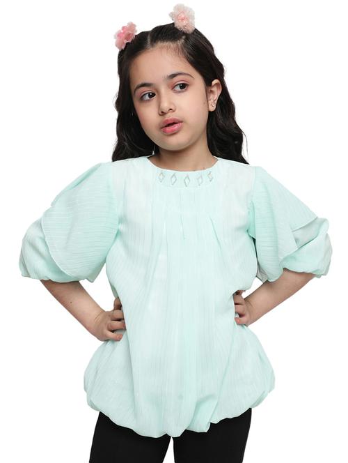 girls light blue self design round neck top - 21708000 - Very Small Image - 1
