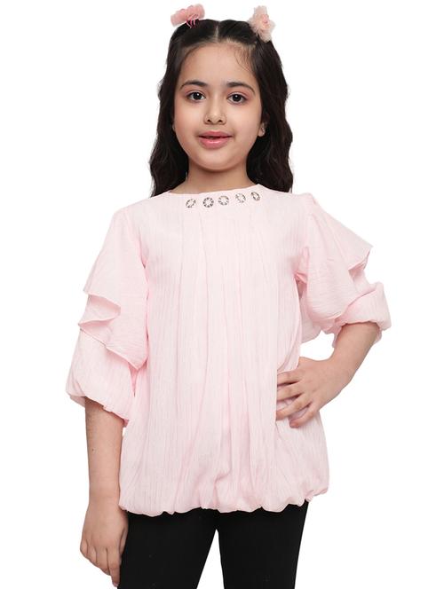 girls pink self design round neck top - 21708001 - Very Small Image - 1