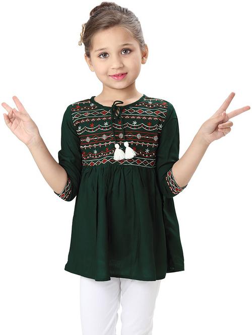 girls embroidered three quarter sleeve flared kurti - 21708017 - Very Small Image - 1