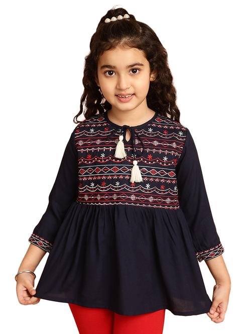 girls embroidered three quarter sleeve flared kurti - 21708022 - Very Small Image - 1