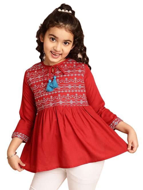 girls embroidered three quarter sleeve flared kurti - 21708023 - Very Small Image - 1