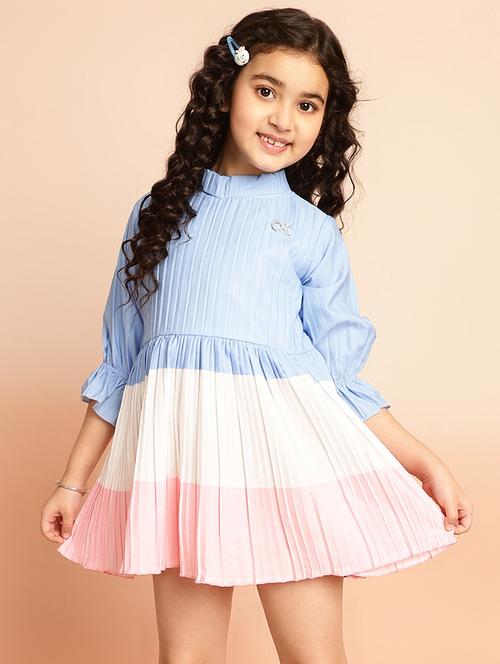 girls color block puff sleeve frock - 21708043 - Very Small Image - 1