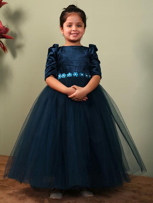 girls solid puff sleeves full length frock - 21709338 - Very Small Image - 1