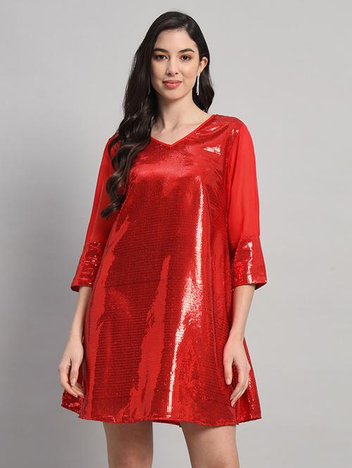 women sequined three quarter sleeves a-line dress - 21709712 - Very Small Image - 1