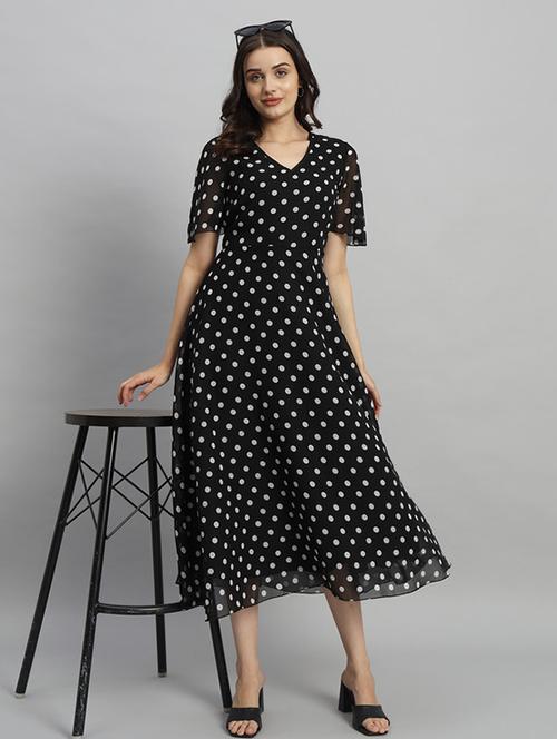 women polka doted puff sleeves a-line dress - 21709723 - Very Small Image - 1