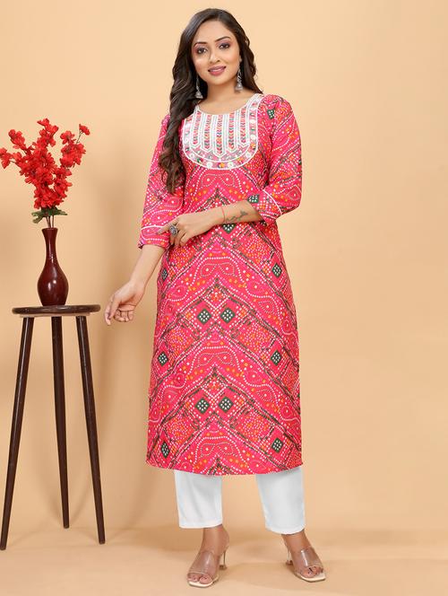 women bandhani three quarter sleeve straight kurta - 21710284 - Very Small Image - 1
