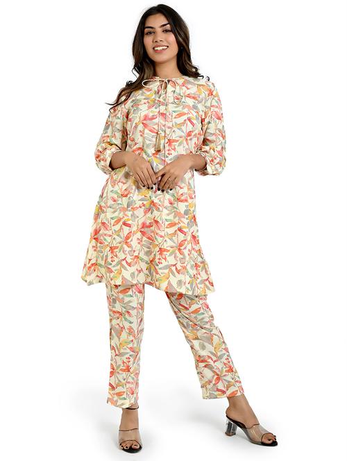 women cream printed tie-up-neck co-ords set - 21710937 - Very Small Image - 1