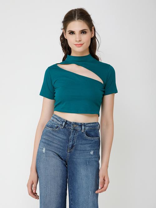 women solid cut out detailed short sleeves crop top - 21711128 - Very Small Image - 1