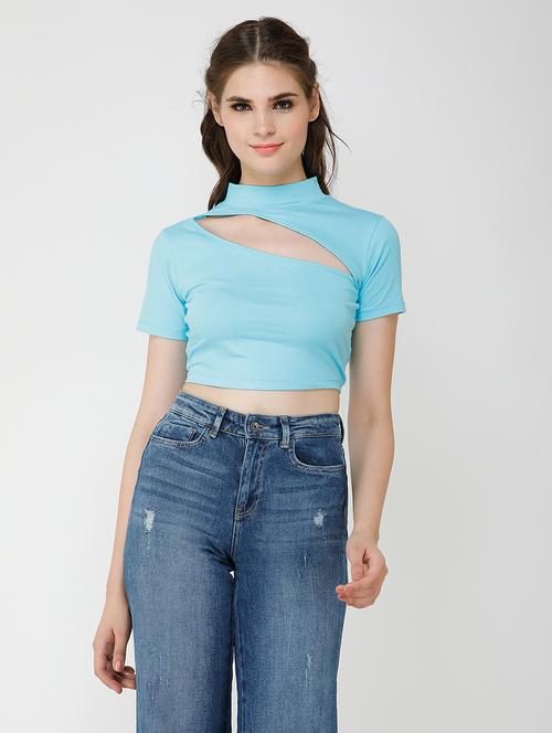 women solid cut out detailed short sleeves crop top - 21711129 - Very Small Image - 1