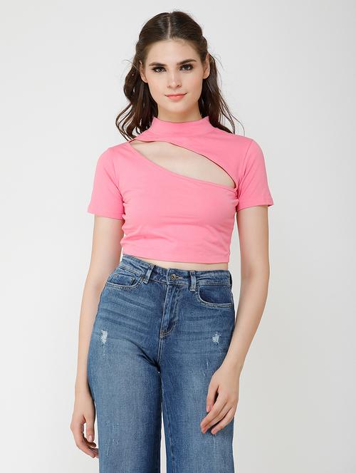 women solid cut out detailed short sleeves crop top - 21711130 - Very Small Image - 1