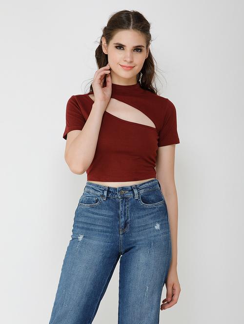 women solid cut out detailed short sleeves crop top - 21711131 - Very Small Image - 1