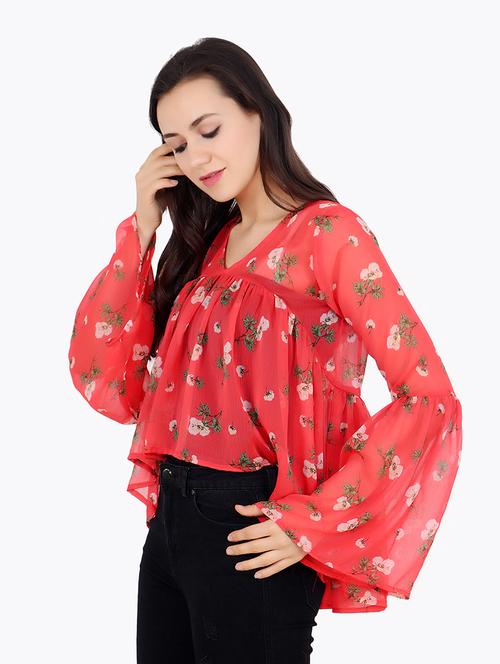 women printed bell sleeves high low top - 21711314 - Very Small Image - 1