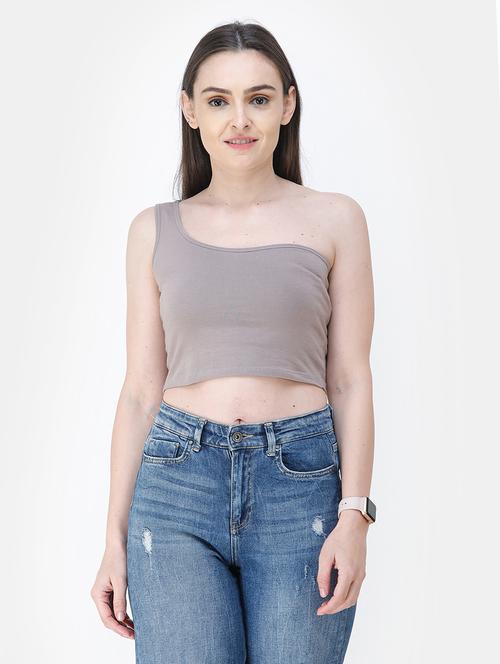 women solid single shoulder crop top - 21711345 - Very Small Image - 1