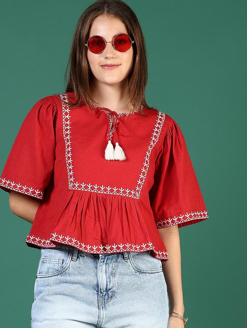 women red embroidered short sleeve crop top - 21711709 - Very Small Image - 1