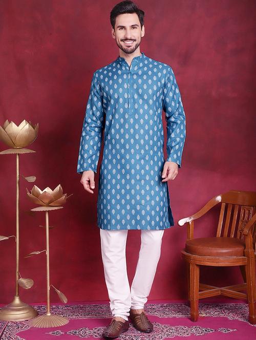 men mandarin neck printed kurta pyjama set - 21711766 - Very Small Image - 1