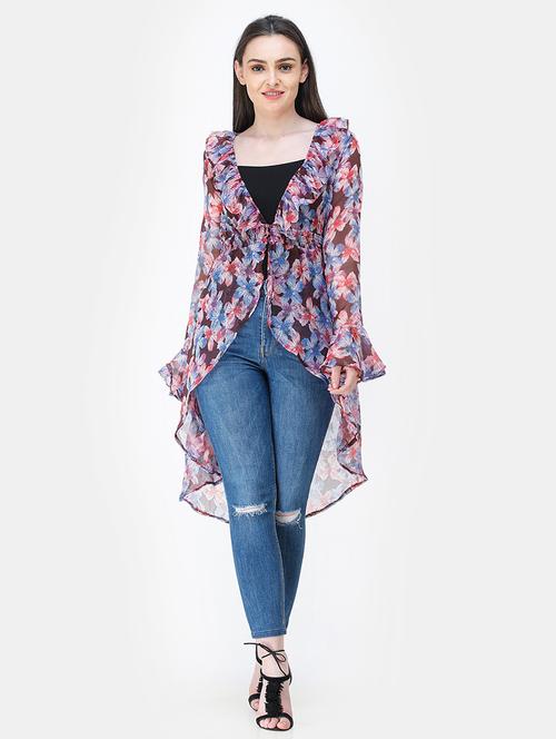 women printed long sleeves asymmetric shrug - 21712631 - Very Small Image - 1