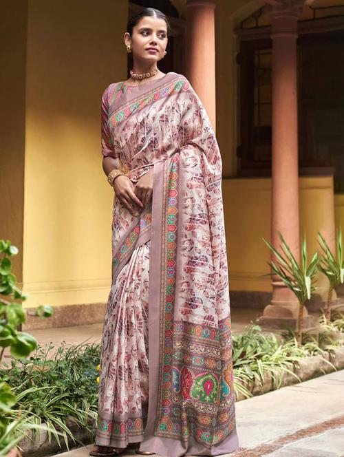 brown silk printed saree with blouse - 21712647 - Very Small Image - 1