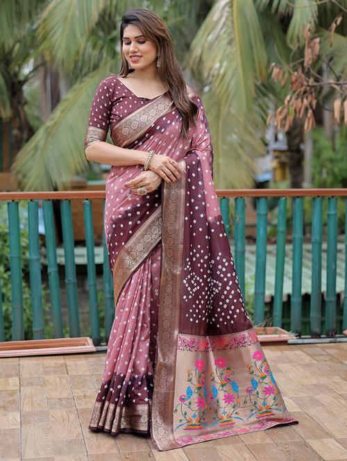 women brown bandhani saree with blouse - 21712674 - Very Small Image - 1