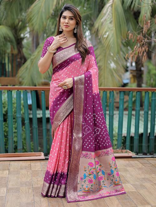 women pink bandhani saree with blouse - 21712677 - Very Small Image - 1
