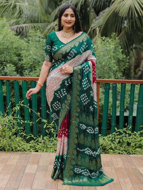 women bandhani printed bordered saree with blouse - 21712949 - Very Small Image - 1