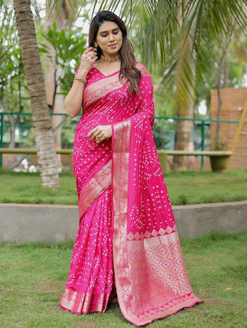 women bandhani zari bordered saree with blouse - 21713222 - Very Small Image - 1