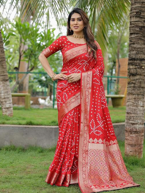 women bandhani zari bordered saree with blouse - 21713223 - Very Small Image - 1