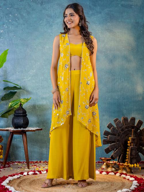 women mustard mirror work fusion set - 21713461 - Very Small Image - 1