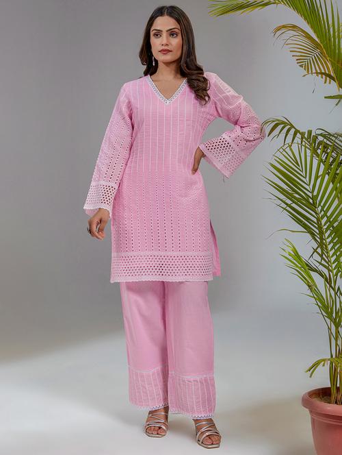 women pink schiffli work v neck co-ords set - 21713470 - Very Small Image - 1