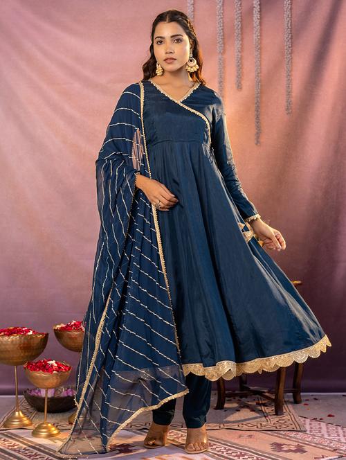 women navy blue long sleeve kurta pant with dupatta set - 21713472 - Very Small Image - 1