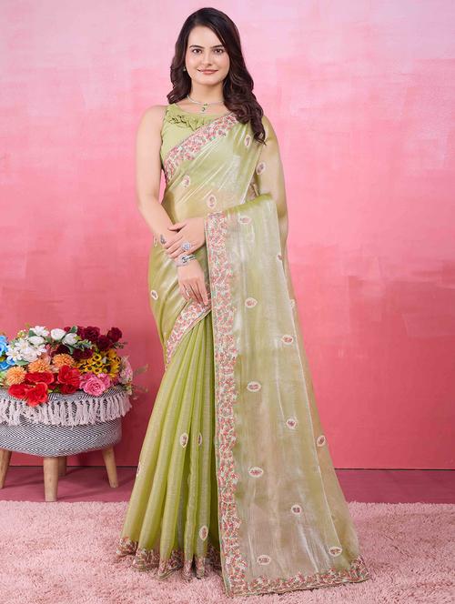 women olive embroidered saree with blouse - 21713578 - Very Small Image - 1