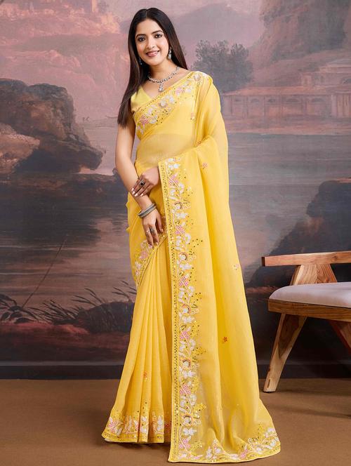 women yellow embroidered saree with blouse - 21713597 - Very Small Image - 1